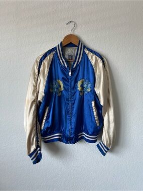 Vintage Japan Blue and Cream Satin Bomber Jacket with Embroidered Details